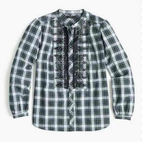 J. Crew Tops - J Crew Pretty Green Blue White Plaid Check Black Beaded Blouse Shirt Top